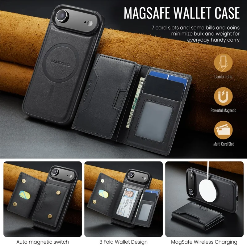 MAGKING K4 Series For iPhone Air Case Compatible with MagSafe Detachable Wallet PU TPU PC Phone Cover - Black - 7