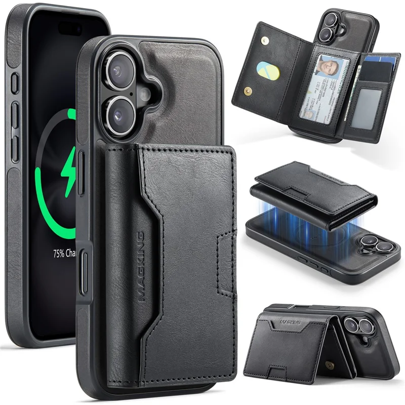 MAGKING K4 Series For iPhone 16 Case Compatible with MagSafe Detachable Wallet PU TPU PC Phone Cover - Black - 1
