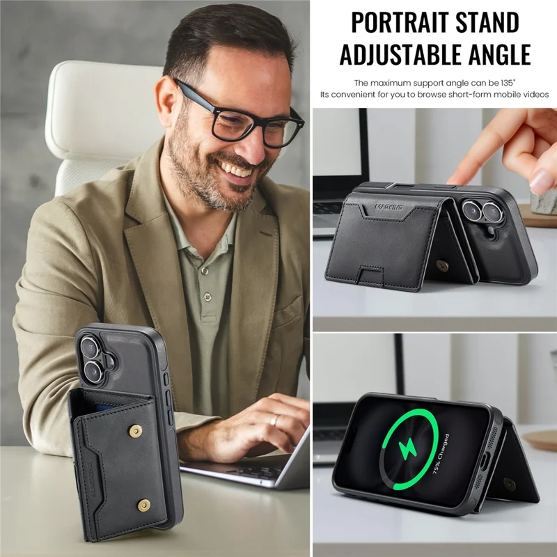 MAGKING K4 Series For iPhone 16 Case Compatible with MagSafe Detachable Wallet PU TPU PC Phone Cover - Black - 10