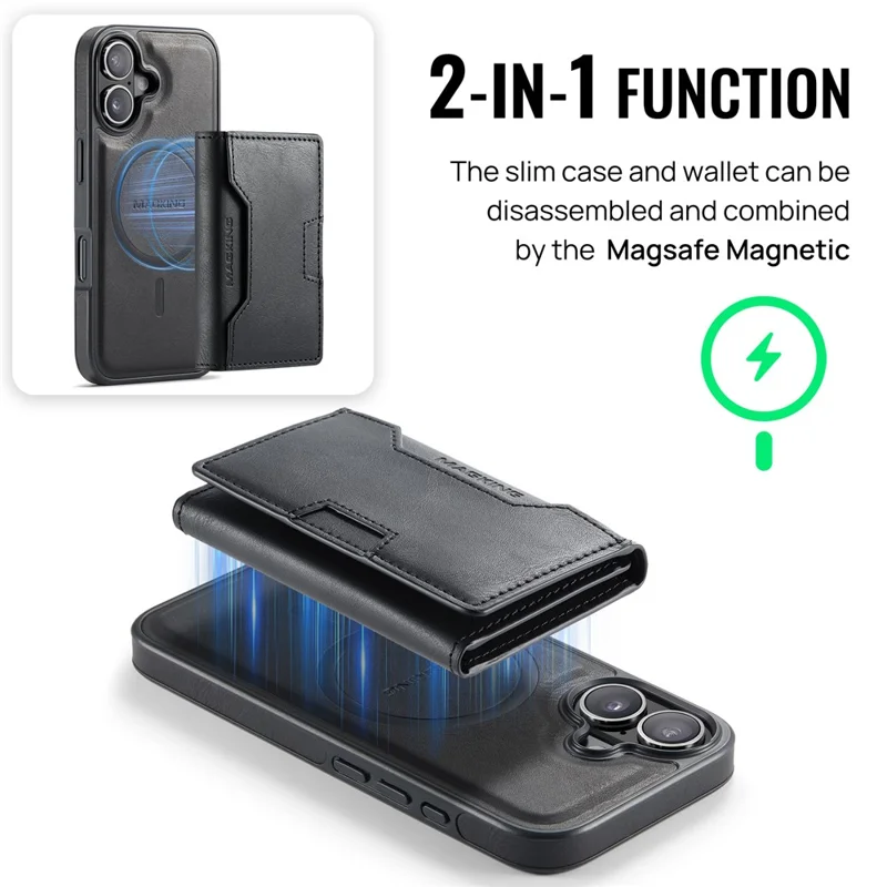 MAGKING K4 Series For iPhone 16 Case Compatible with MagSafe Detachable Wallet PU TPU PC Phone Cover - Black - 11