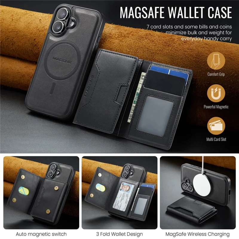 MAGKING K4 Series For iPhone 16 Case Compatible with MagSafe Detachable Wallet PU TPU PC Phone Cover - Black - 6