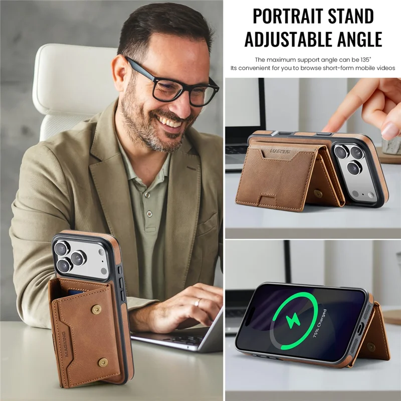 MAGKING K4 Series For iPhone 18 Pro / 17 Pro Case Compatible with MagSafe Detachable Wallet PU TPU PC Phone Cover - Brown - 11