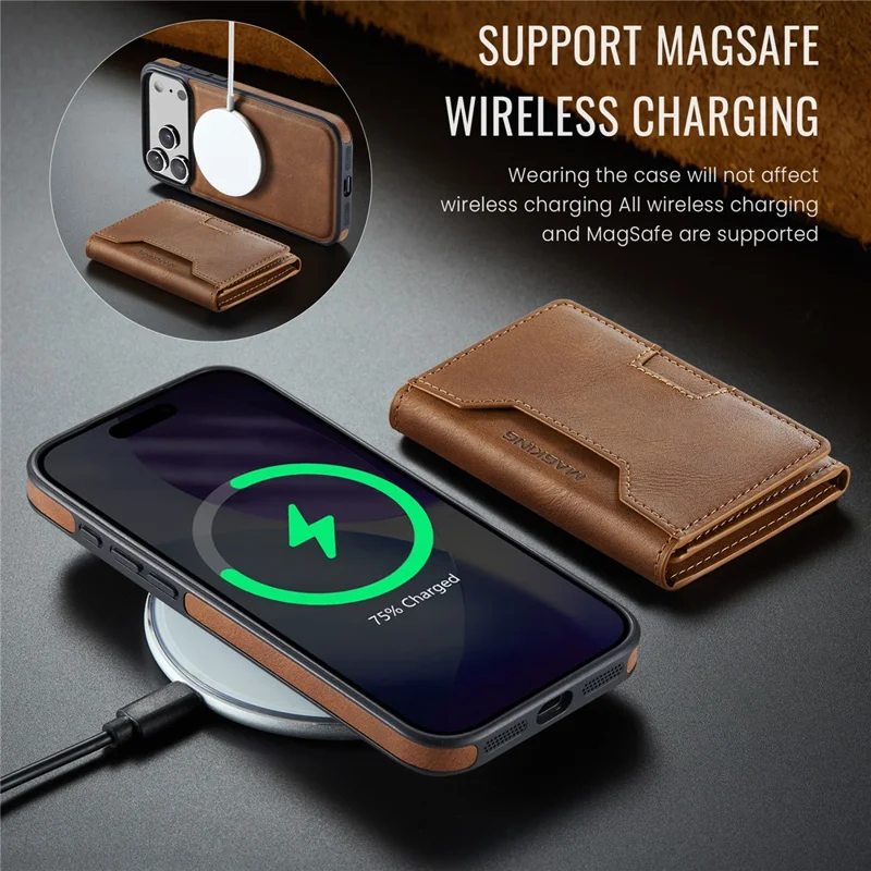 MAGKING K4 Series For iPhone 18 Pro / 17 Pro Case Compatible with MagSafe Detachable Wallet PU TPU PC Phone Cover - Brown - 8
