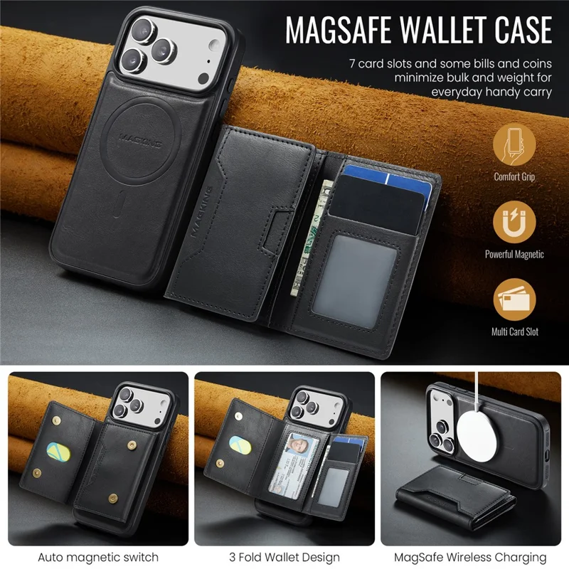 MAGKING K4 Series For iPhone 18 Pro Max / 17 Pro Max Case Compatible with MagSafe Detachable Wallet PU TPU PC Phone Cover - Black - 7