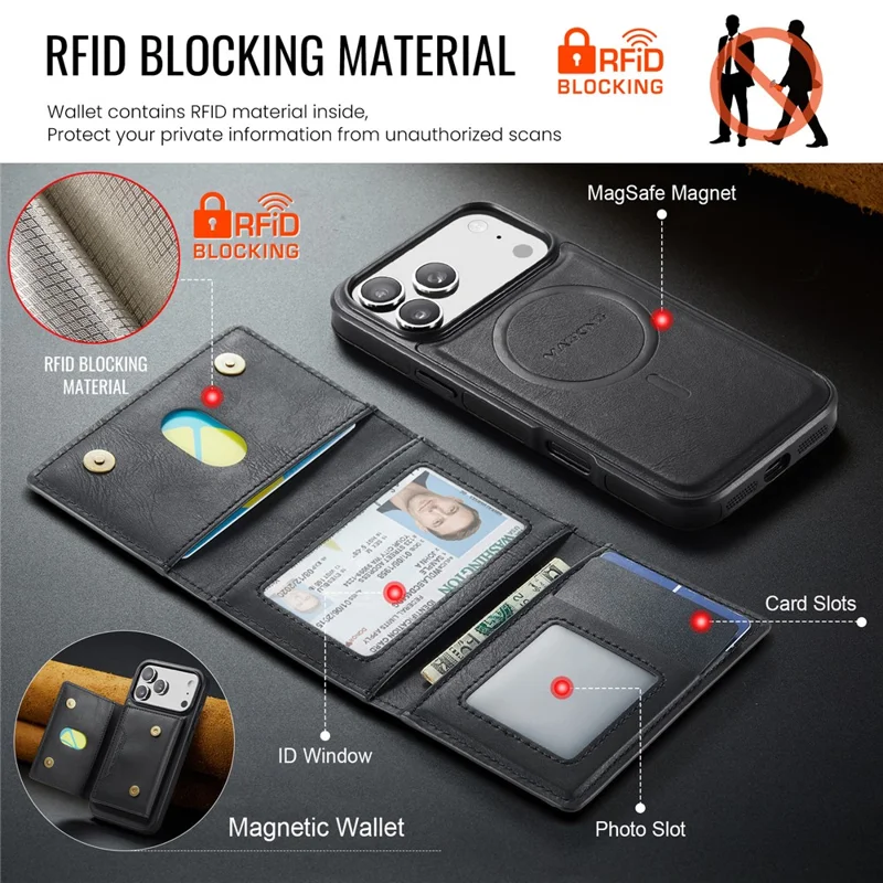 MAGKING K4 Series For iPhone 18 Pro Max / 17 Pro Max Case Compatible with MagSafe Detachable Wallet PU TPU PC Phone Cover - Black - 9