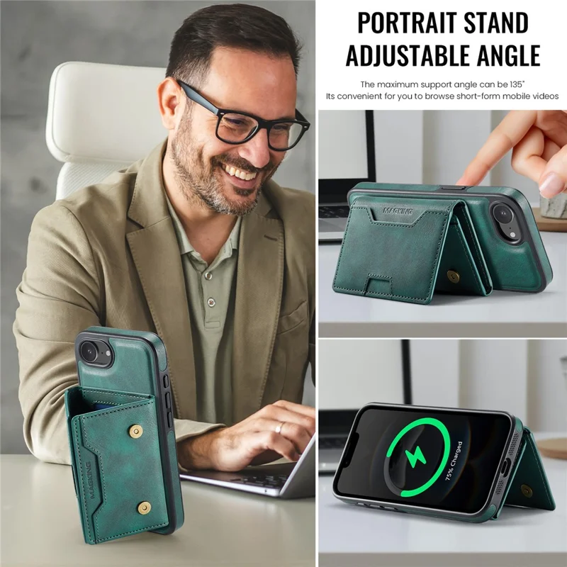 MAGKING K4 Series For iPhone 17e / 16e Case Compatible with MagSafe Detachable Wallet PU TPU PC Phone Cover - Green - 8