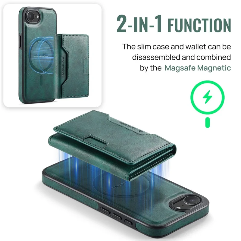 MAGKING K4 Series For iPhone 17e / 16e Case Compatible with MagSafe Detachable Wallet PU TPU PC Phone Cover - Green - 9