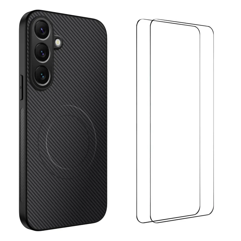 WANLONFENG For Samsung Galaxy A57 5G Magnetic Case TQ1 Series Carbon Fiber Texture PC TPU Phone Cover with 2Pcs Screen Films - Black - 1