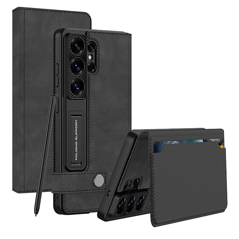GKK For Samsung Galaxy S26 Ultra Case with Card Holder Kickstand Matte Leather Flip Phone Cover Magnetic Closure - Black - 1
