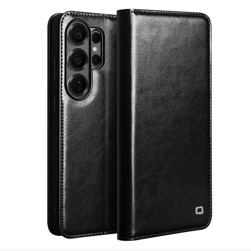 QIALINO For Samsung Galaxy S26 Ultra Wallet Case Genuine Cow Leather Phone Cover Card Holder Stand - Black - 1