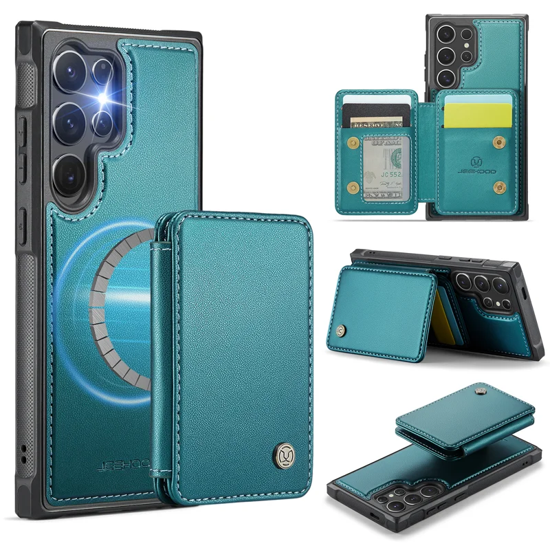 JEEHOOD For Samsung Galaxy S26 Ultra Case J05 Leather Mobile Cover with Detachable Magnetic Card Bag - Blue - 1
