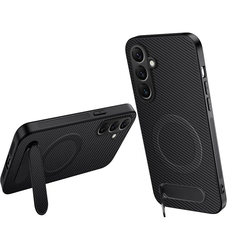 WANLONFENG For Samsung Galaxy A57 5G Magnetic Case QT Series Kickstand Carbon Fiber Texture PC TPU Phone Cover - Black - 1