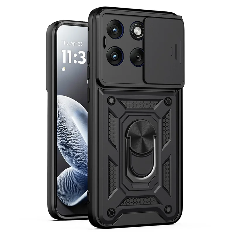 For Motorola Edge 70 Fusion+ 5G / Edge 70 Fusion 5G Case with Slide Camera Lid PC + TPU Kickstand Phone Cover - Black - 1