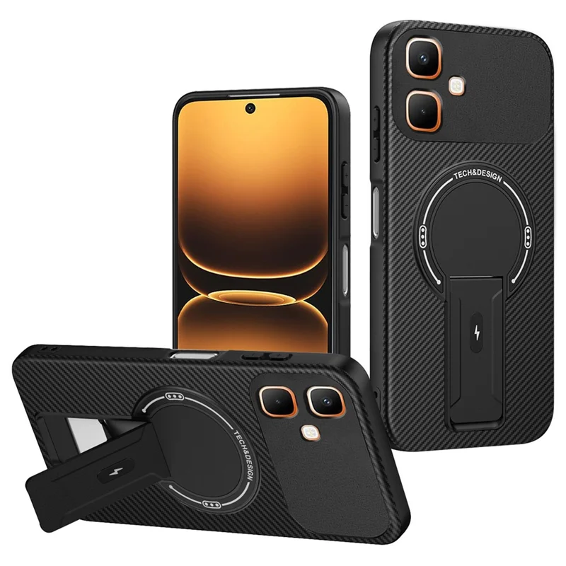 For Infinix Smart 20 4G Phone Case Carbon Fiber Texture PC + TPU Phone Cover with Kickstand - Black - 1