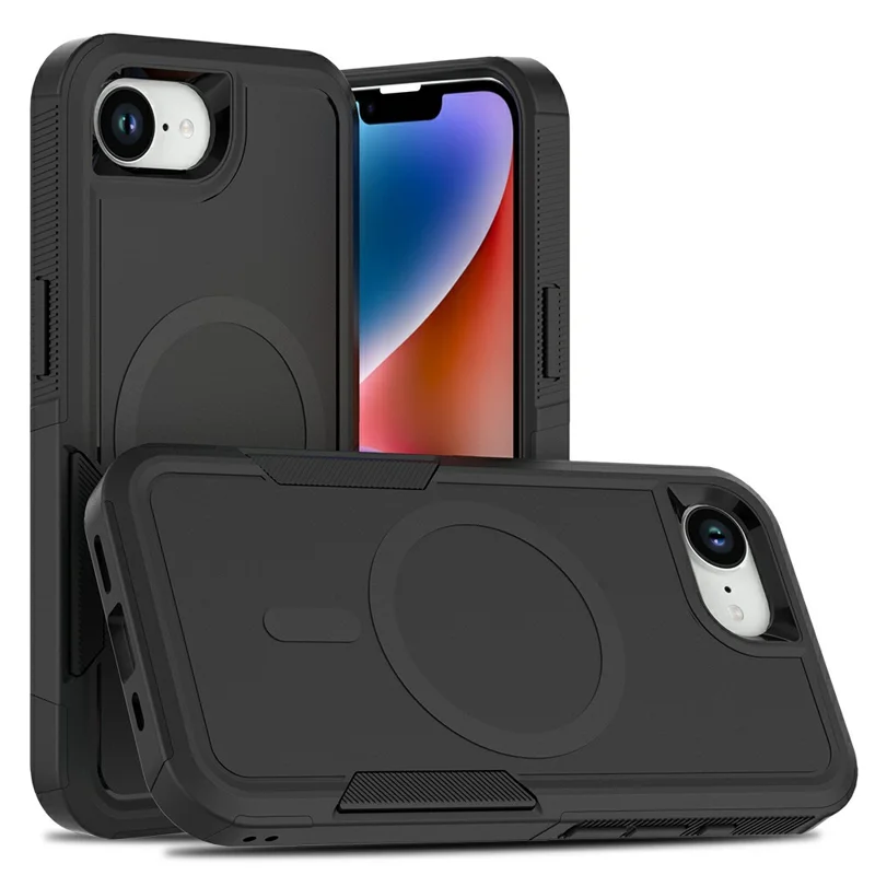 Magnetic Phone Case For iPhone 17e / 16e Shockproof PC + TPU Cover with High-Alumina Tempered Glass Screen Protector - Black - 1