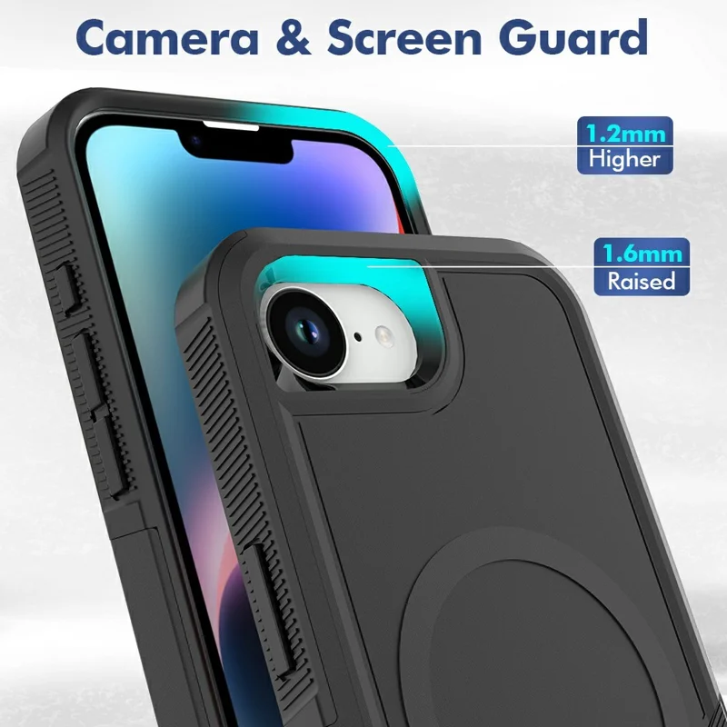 Magnetic Phone Case For iPhone 17e / 16e Shockproof PC + TPU Cover with High-Alumina Tempered Glass Screen Protector - Black - 3