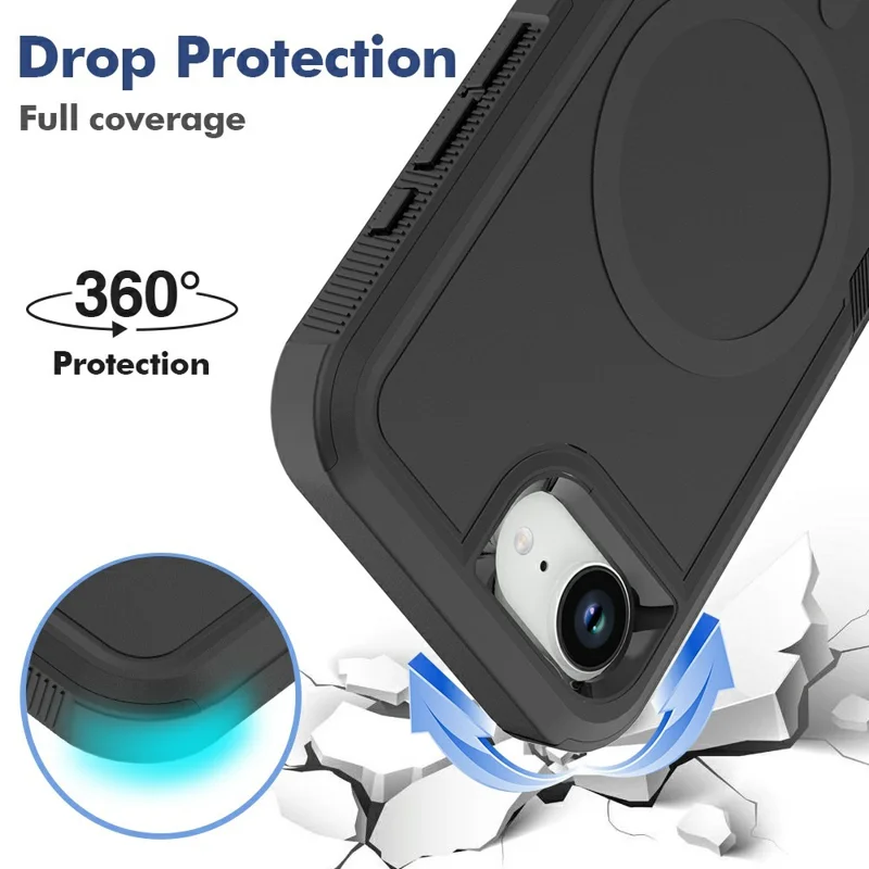 Magnetic Phone Case For iPhone 17e / 16e Shockproof PC + TPU Cover with High-Alumina Tempered Glass Screen Protector - Black - 4