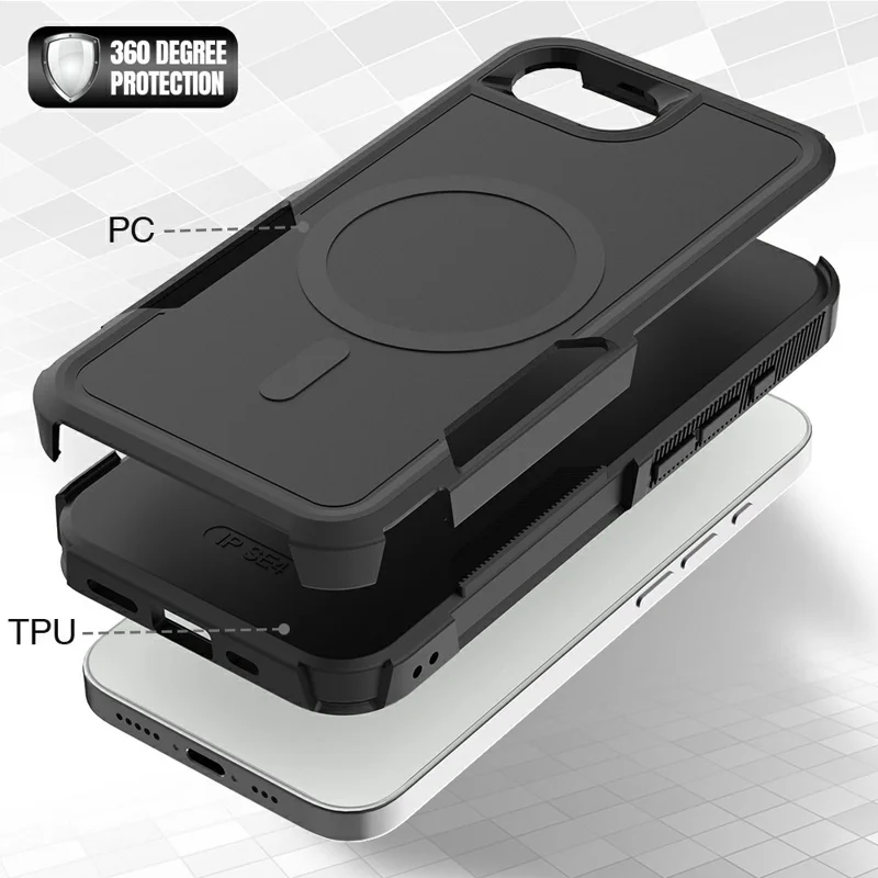 Magnetic Phone Case For iPhone 17e / 16e Shockproof PC + TPU Cover with High-Alumina Tempered Glass Screen Protector - Black - 5