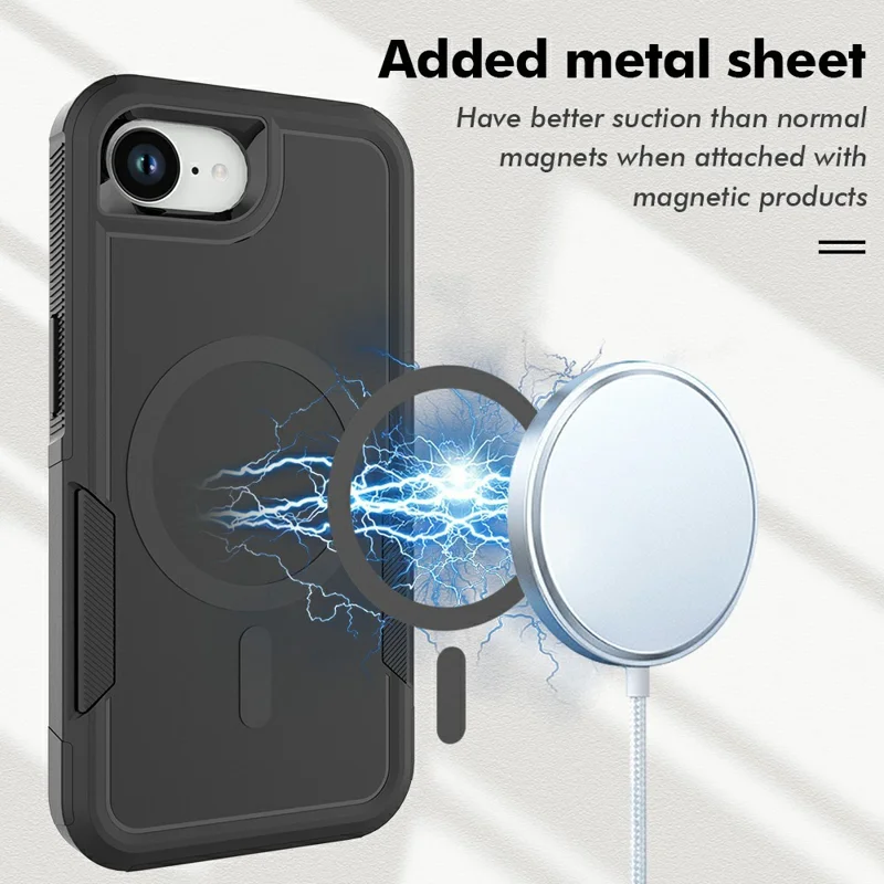 Magnetic Phone Case For iPhone 17e / 16e Shockproof PC + TPU Cover with High-Alumina Tempered Glass Screen Protector - Black - 7
