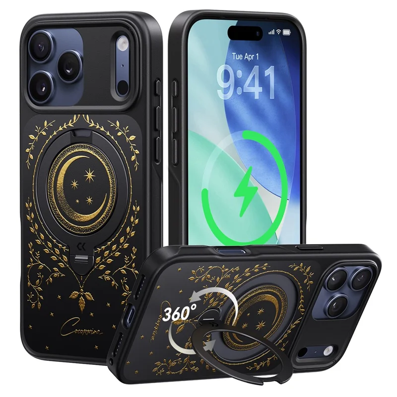CASEKOO Tarot Series for iPhone 18 Pro Max / 17 Pro Max Magnetic Case Rotating Ring Kickstand PC + TPU Shockproof Cover - Tarot Vine Moon - 1