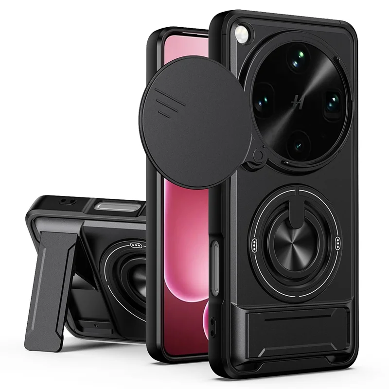 For Oppo Find X9 Ultra 5G Magnetic Case Ring Holder Foldable Kickstand TPU PC Phone Cover with Camera Lens Slider - Black - 1