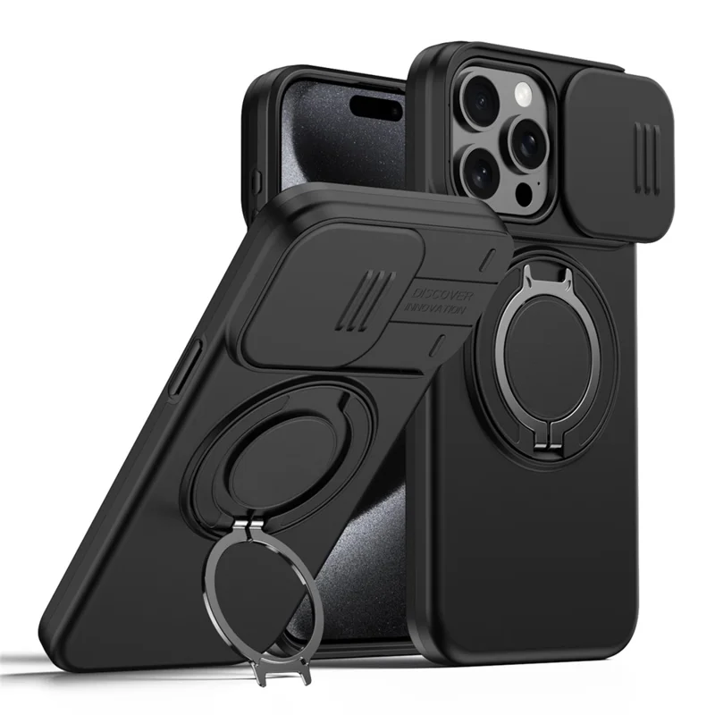 For iPhone 15 Pro Case Magnetic Case Ring Kickstand Slide Camera Cover TPU PC Hybrid Phone Shell - Black - 1