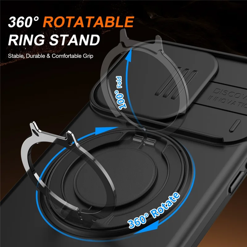 For iPhone 15 Pro Case Magnetic Case Ring Kickstand Slide Camera Cover TPU PC Hybrid Phone Shell - Black - 3