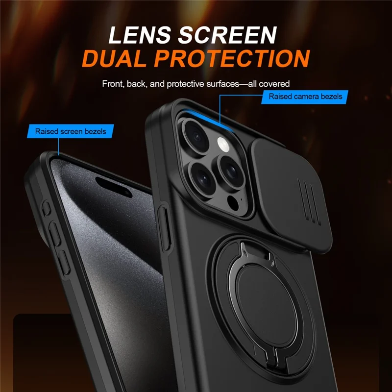 For iPhone 15 Pro Case Magnetic Case Ring Kickstand Slide Camera Cover TPU PC Hybrid Phone Shell - Black - 5