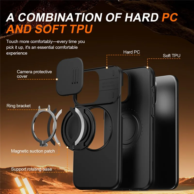 For iPhone 15 Pro Case Magnetic Case Ring Kickstand Slide Camera Cover TPU PC Hybrid Phone Shell - Black - 8