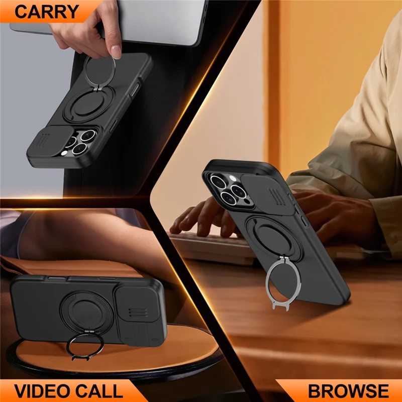 For iPhone 16 Pro Max Case Magnetic Case Ring Kickstand Slide Camera Cover TPU PC Hybrid Phone Shell - Black - 4