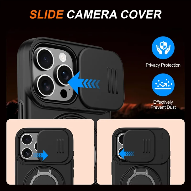 For iPhone 16 Pro Max Case Magnetic Case Ring Kickstand Slide Camera Cover TPU PC Hybrid Phone Shell - Black - 6