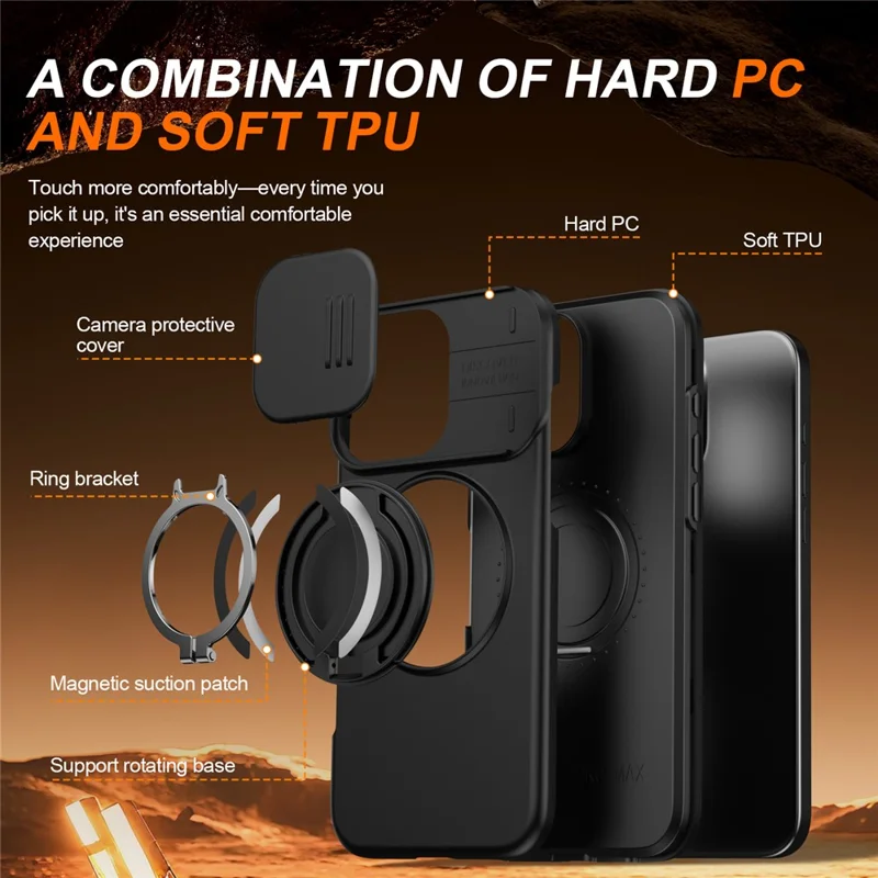 For iPhone 16 Pro Max Case Magnetic Case Ring Kickstand Slide Camera Cover TPU PC Hybrid Phone Shell - Black - 8