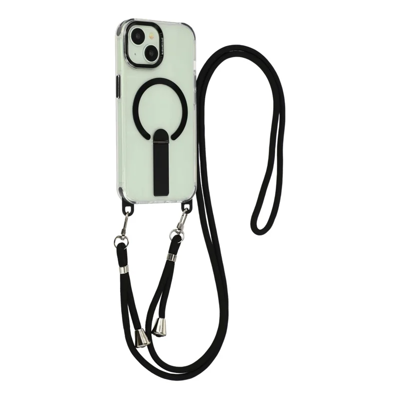 For iPhone 15 Magnetic Phone Case with Kickstand and 2-in-1 6mm 150cm Length Strap PC TPU Phone Cover - Black - 1