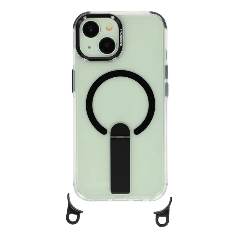 For iPhone 15 Magnetic Phone Case with Kickstand and 2-in-1 6mm 150cm Length Strap PC TPU Phone Cover - Black - 2