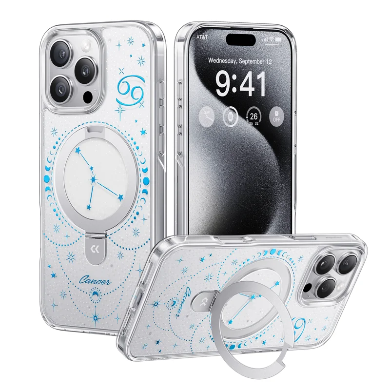 For iPhone 16 Pro CASEKOO Magnetic Case Constellation Pattern Ring Kickstand Shockproof PC + TPU Phone Cover - Cancer - 1