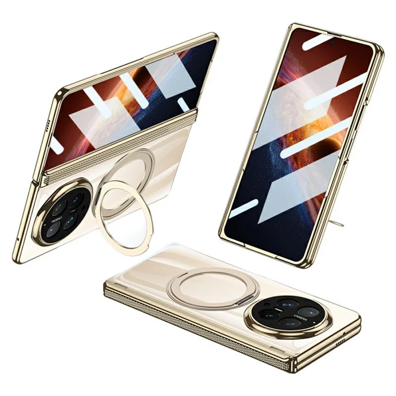 GKK For Honor Magic V6 5G Magnetic Case Clear PC Folding Hinge Phone Cover with Kickstand and Tempered Glass Back Film - Champagne Gold - 1