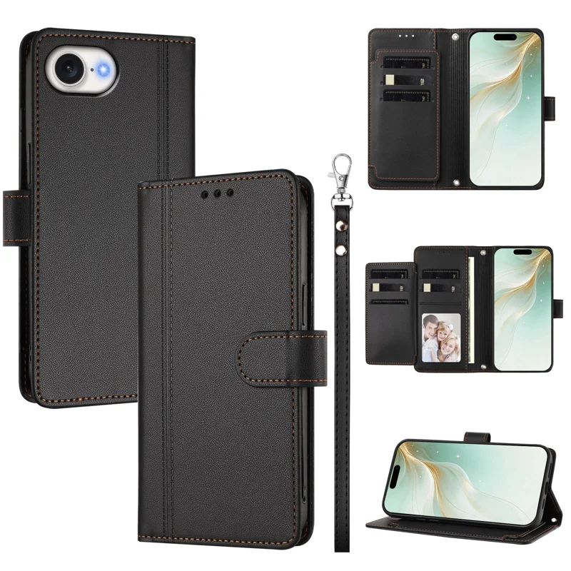 For iPhone 16e / iPhone 17e Case 9 Card Slots PU Leather Flip Wallet Phone Cover with Hand Strap - Black - 1