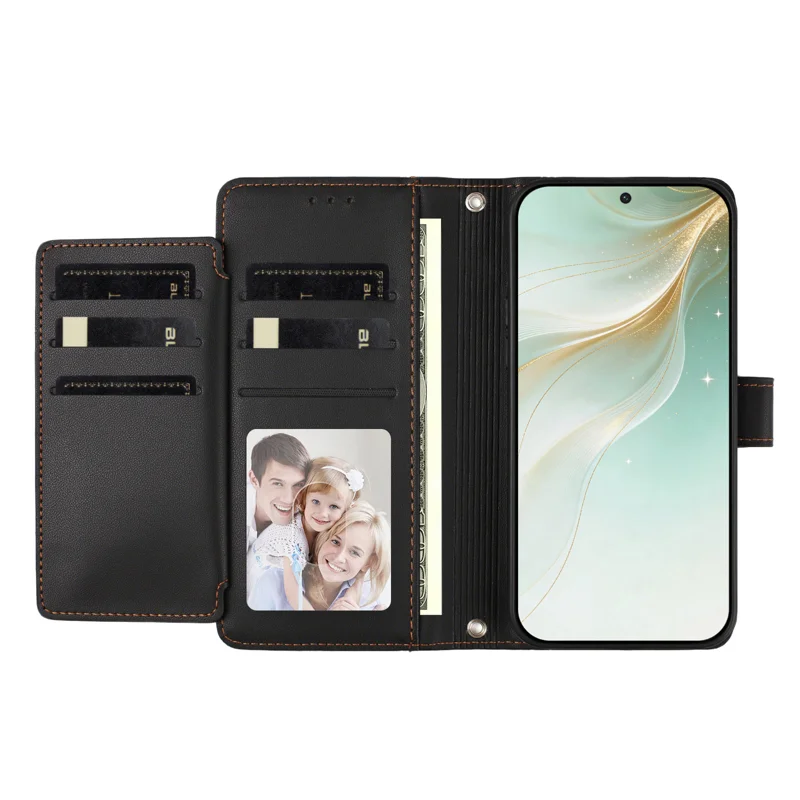 For iPhone 16e / iPhone 17e Case 9 Card Slots PU Leather Flip Wallet Phone Cover with Hand Strap - Black - 11
