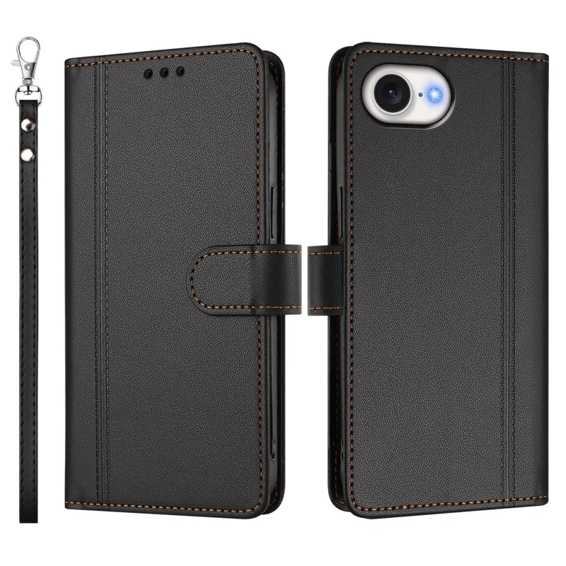 For iPhone 16e / iPhone 17e Case 9 Card Slots PU Leather Flip Wallet Phone Cover with Hand Strap - Black - 2