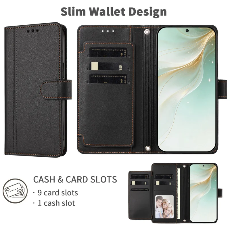 For iPhone 16e / iPhone 17e Case 9 Card Slots PU Leather Flip Wallet Phone Cover with Hand Strap - Black - 5
