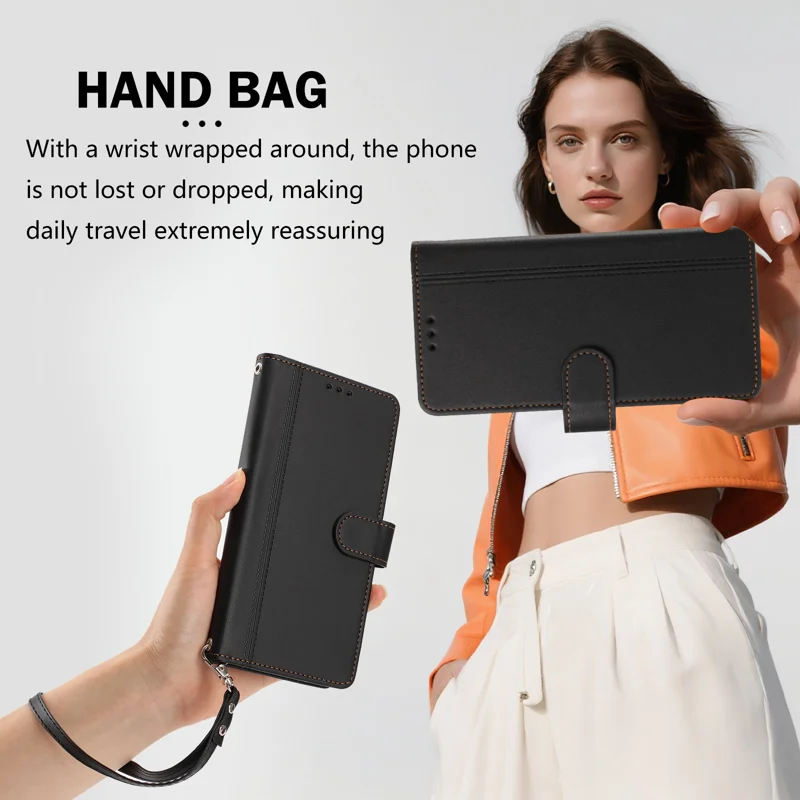 For iPhone 16e / iPhone 17e Case 9 Card Slots PU Leather Flip Wallet Phone Cover with Hand Strap - Black - 8