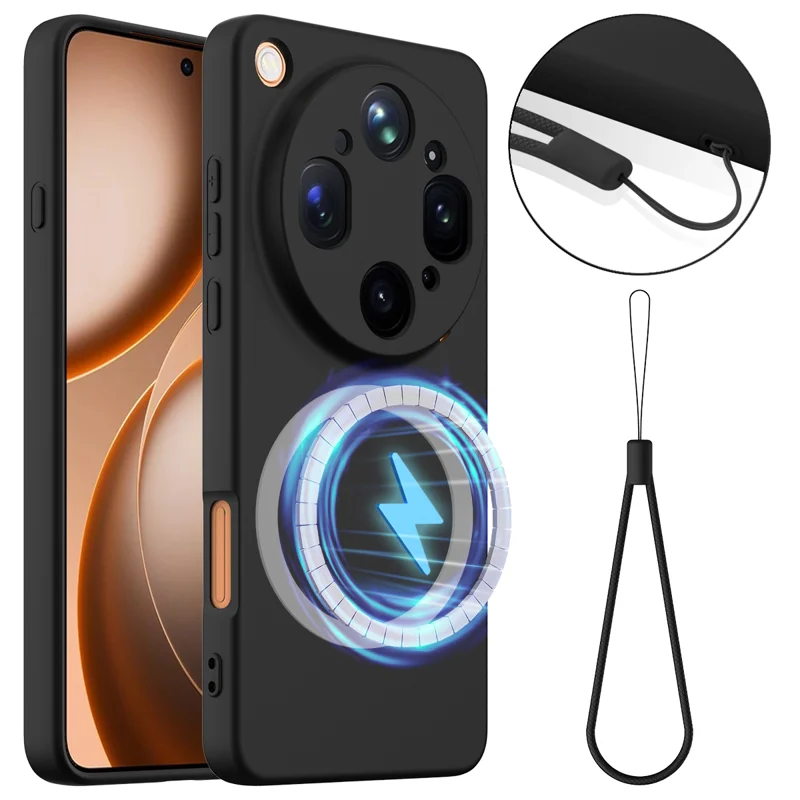 For Oppo Find X9 Ultra 5G Magnetic Case Anti-Drop Liquid Silicone Phone Cover with Lanyard - Black - 1