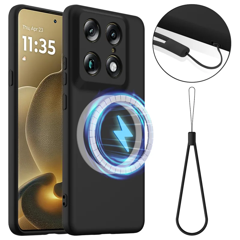 For Motorola Signature 5G / Motorola Moto X70 Air Pro 5G / Motorola Edge 70 Ultra 5G Magnetic Case Anti-Drop Liquid Silicone Phone Cover with Lanyard - Black - 1