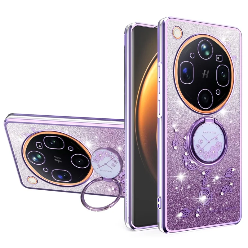 KADEM For Oppo Find X9 Ultra 5G Phone Case Ring Kickstand TPU Flowers Phone Cover Gradient Glitter - Purple - 1