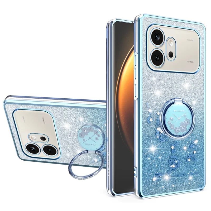 KADEM For Honor 600 5G Phone Case Ring Kickstand TPU Flowers Phone Cover Gradient Glitter - Blue - 1
