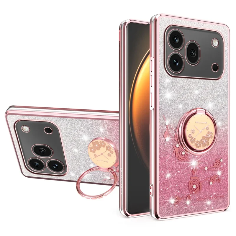 KADEM For Honor 600 Pro 5G Phone Case Ring Kickstand TPU Flowers Phone Cover Gradient Glitter - Rose Gold - 1