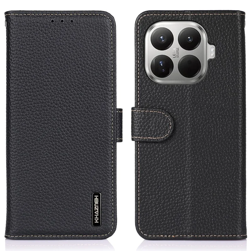 KHAZNEH For Xiaomi 17T Wallet Case Litchi Texture Genuine Cow Leather Flip Phone Cover - Black - 1
