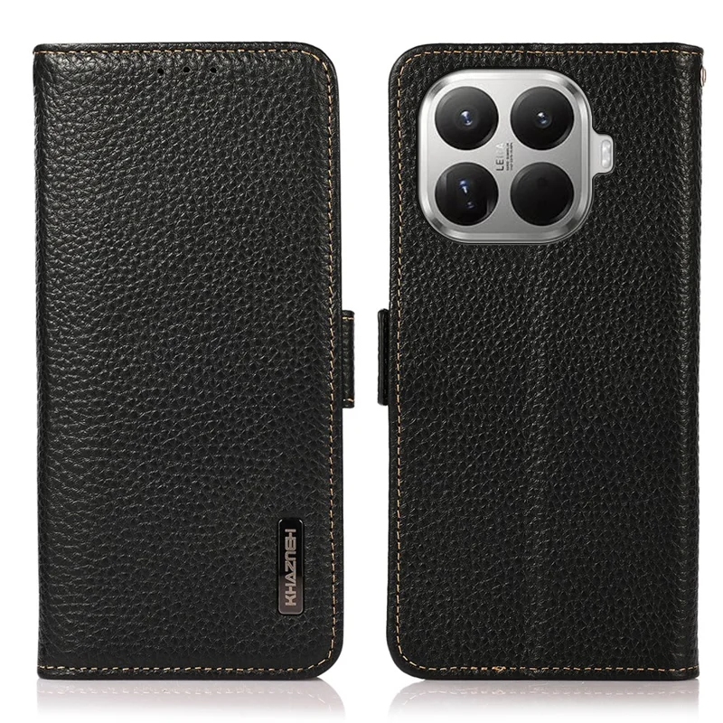 KHAZNEH for Xiaomi 17T Pro Phone Case Litchi Texture Genuine Cow Leather Cover RFID Blocking - Black - 1