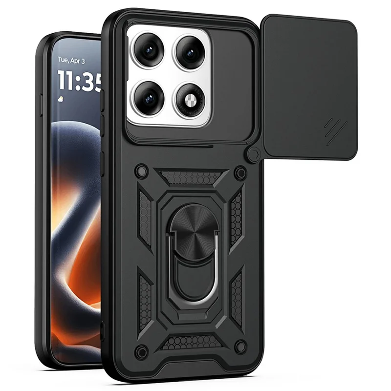 For Motorola Edge 70 Pro+ 5G / Edge 70 Pro 5G Case with Slide Camera Lid PC + TPU Kickstand Phone Cover - Black - 1
