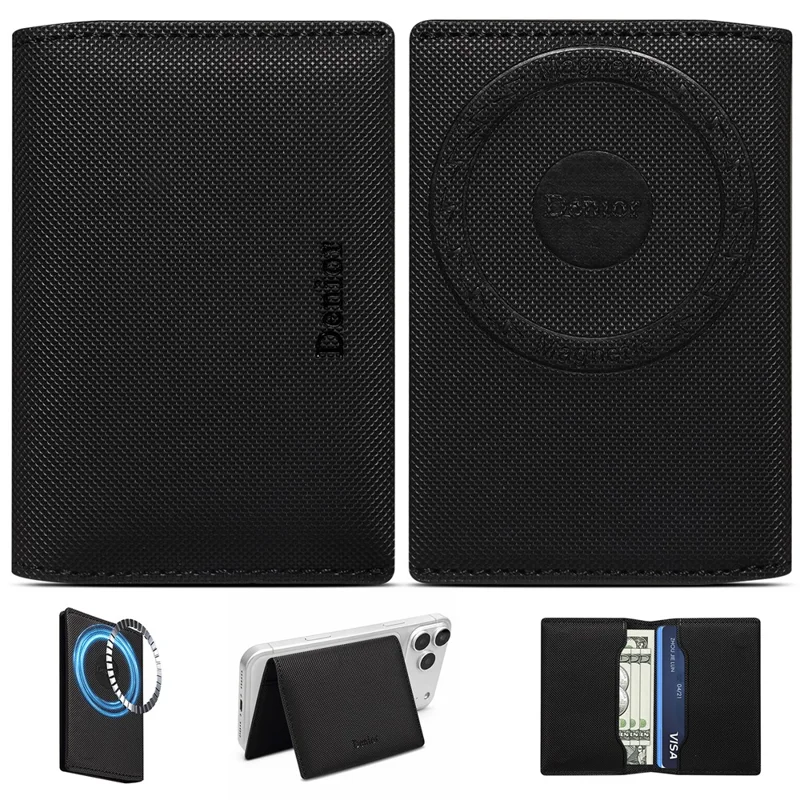 DENIOR V26 Magnetic Card Holder for iPhone 17e / Air / 17 / 17 Pro / 17 Pro Max / 16e / 16 / 16 Plus / 16 Pro / 16 Pro Max Diamond Texture Wallet Stand - Black - 1